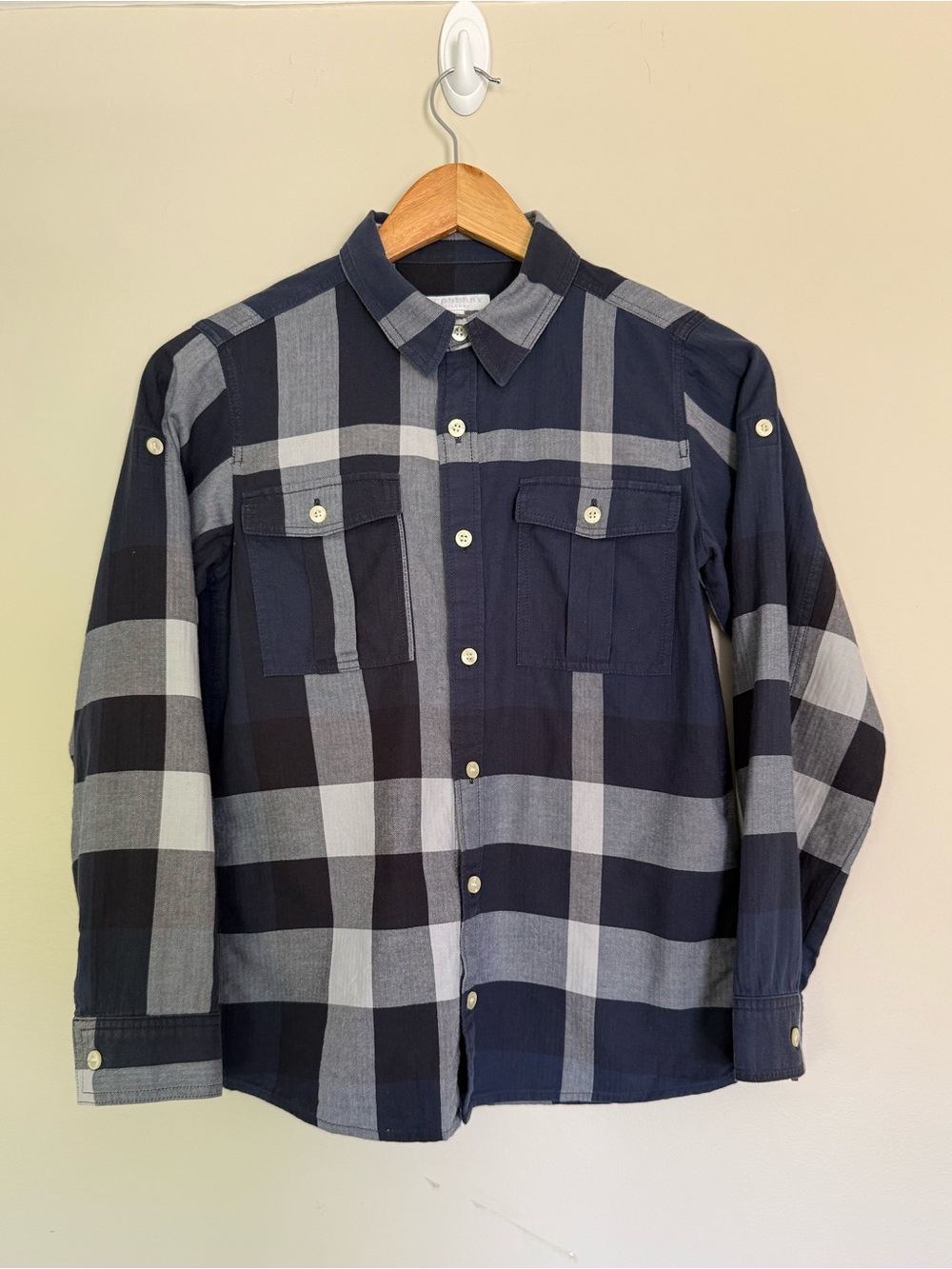 Burberry Children's Navy Blue Cotton Check Flannel Shirt Dual Chest Pockets 12Y